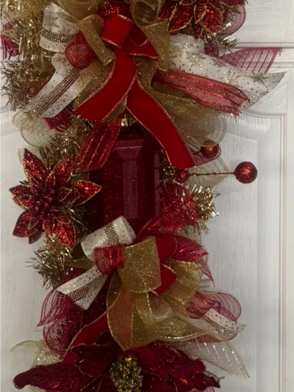 Red and Gold Holiday Door Swag - Festive Christmas Décor with Gems and Glitz